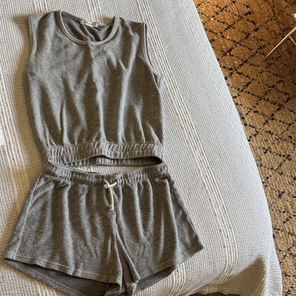 perfectwhitetee Gray Sleeveless Cropped Tank and Drawstring Shorts Set